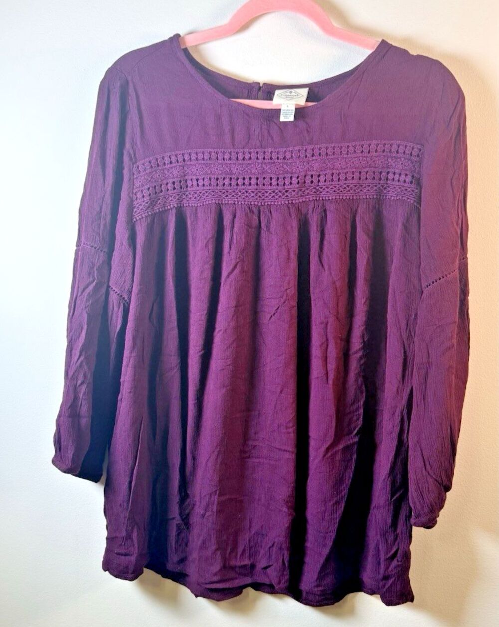 St. John's Bay Womens Purple Lace Yoke Peasant Round Neck 3/4 Sleeve Blouse - L
